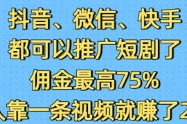 创业项目抖音微信快手都可以推广短剧了，佣金最高75%，有人靠一条视频就挣了2W01-17冒泡网
